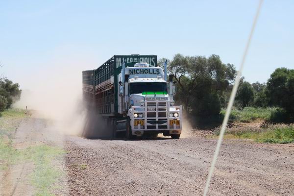 Een tegemoet komende Road Train op een gravelweg.
Wij stoppen meestal helemaal naast de track om de kans op stenen te verminderen en om te wachten dat je weer zicht hebt als het stof is opgetrokken.